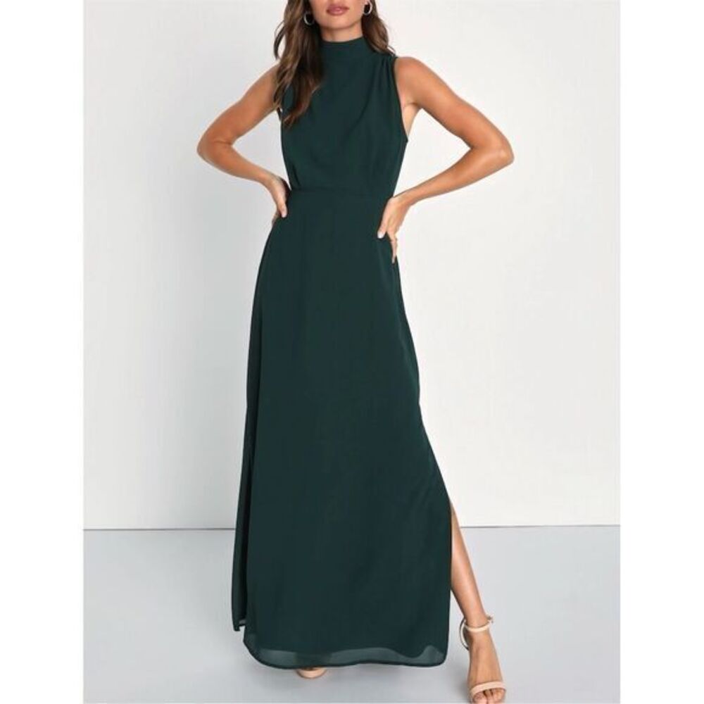 NWOT Lulus 1X Classic Elegance Emerald Chiffon Sleeveless Mock Neck Maxi Dress